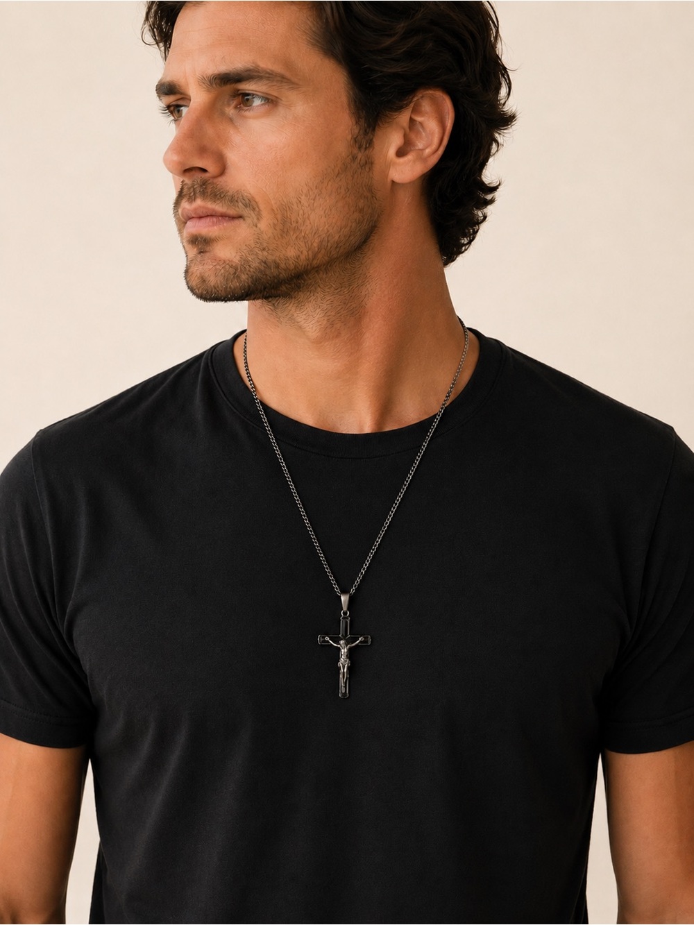 Black & Silver Jesus Cross Necklace Unisex Crucifix Pendant 18” + 2” Ext Hip Hop